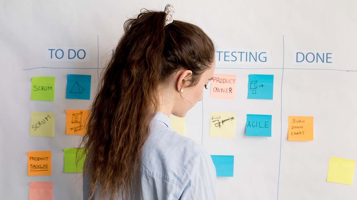 Woman facing whiteboard with tasks on Agile testing