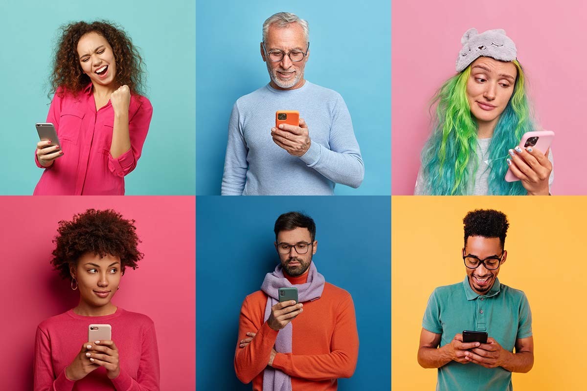 six people on phones with diverse colored backgrounds