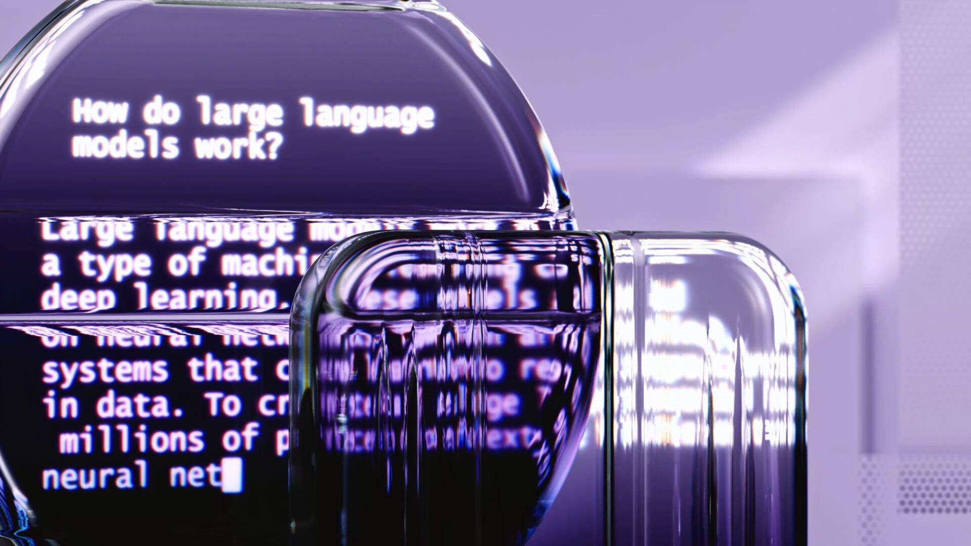 An abstract purple glass sits over the prompts entered into an LLM chat interface. Private large language models (LLMs) are the future of regulated industries.