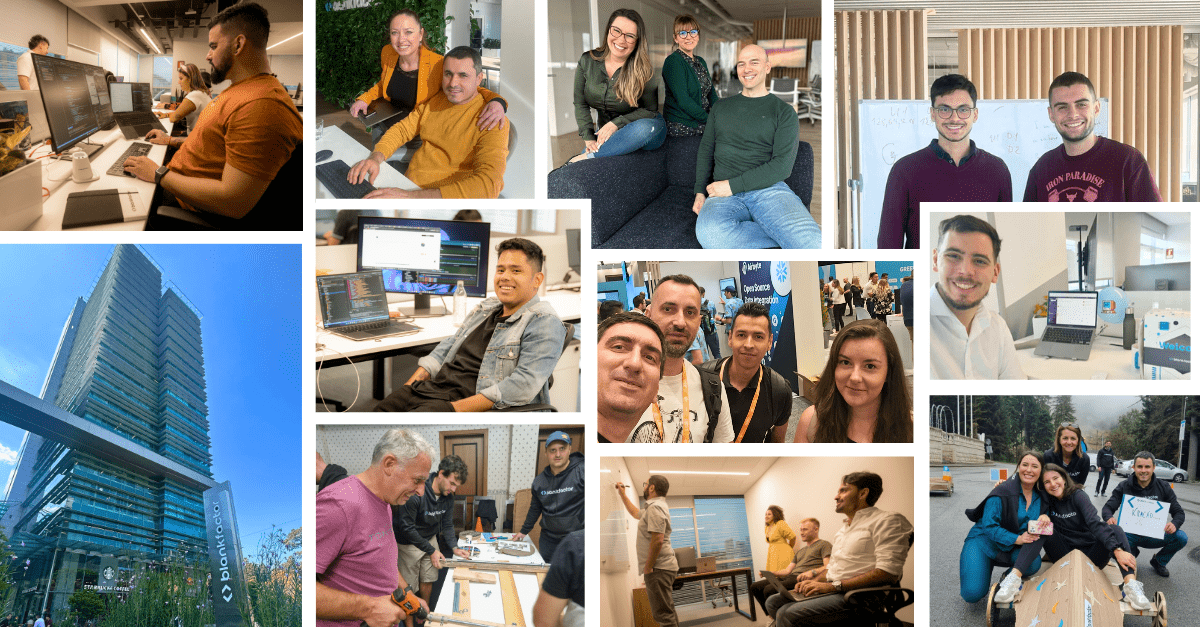 The image is a collage representing the spirit of Blankfactor. The photos include pictures of our tech teams at the office, at industry conferences, participating in team builds, and brainstorming together.